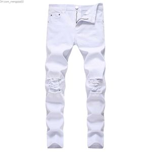 Jeans pour hommes GODLIKEU Blanc Hommes Jeans Déchiré Distressed Noir Skinny Denim Hip Hop Bouton Stretch Pantalon Z230711