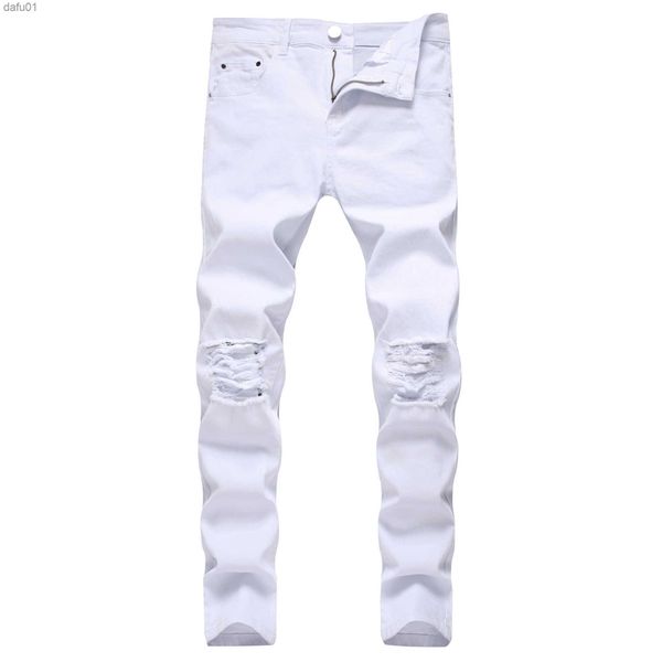 Jeans para hombre GODLIKEU Jeans blancos para hombre Ripped Distressed Black Skinny Denim Hip Hop Button Stretch Pants L230520