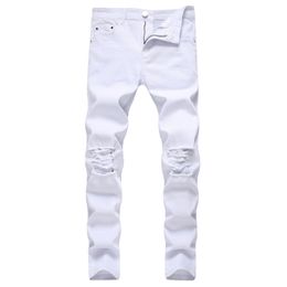 Heren jeans godlikeu witte heren scheurde noodlijdende zwarte magere denim hiphop knop stretch broek 230131