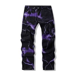 Herenjeans Goth Style Lightning Print Tie Dye Mens rechte y2k zwarte jeans broek Hip Hop Vintage Harajuku Men Jean Pants Pantalon Homme 230529