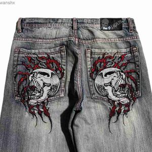 Herenjeans Gothic zwart metalen zakschedel geborduurde middelhoge gewassen jeans voor mannen en vrouwen Harajuku straatpunk casual wijde pijpen broek