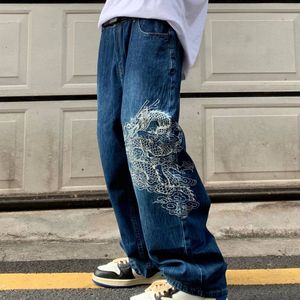 Herenjeans Gotisch drakenpatroon borduurwerk ontwerp hoge taille jeans heren y2k straat baggy jeans heren high street hiphop casual jean 230904