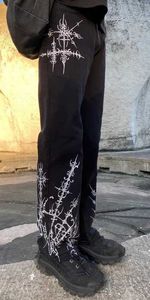 Herenjeans gotische punk grafische print hoge taille baggy heren en dames y2k streetwear zwart rechte casual denim broek Harajuku hot Q240427
