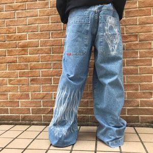 Jeans masculins jeans gothique du crâne gothique jeans baggy imprimé 2024 Nouvelle personnalité tendance rétro hip-hop bleu large pantalon de jambe y2k mens jeansl2403