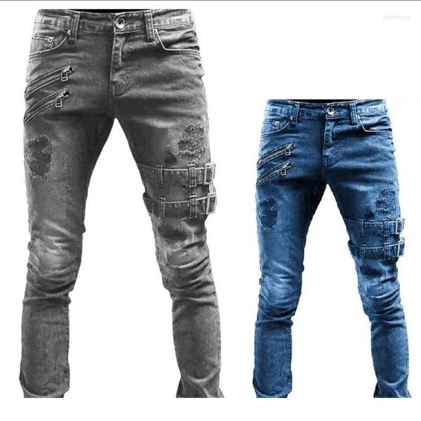 Pantalones vaqueros para hombre, ropa de calle gótica con cremallera y agujeros, pantalones de mezclilla informales ajustados para motociclista, para hombre