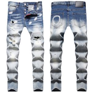 Jeans para hombres Color degradado Agujeros rotos Línea desordenada Parche Parche Salpicado Tinta de color Artesanía pintada a mano, Jeans elásticos ajustados para hombres