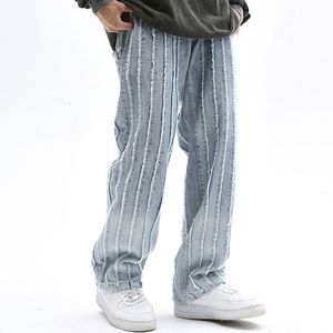 Jeans pour hommes Gradient Color Striped Frayed Retro Casual Denim Pantalons Hommes et Femmes Straight Baggy Pockets Ripped Tassel Jeans Pants 230302
