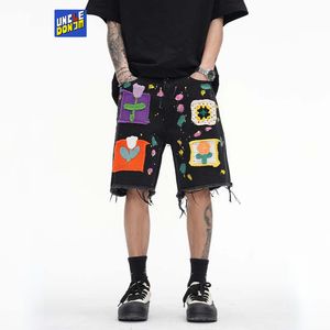 Jeans masculin graffiti short denim Pathches fleur ambiance style streetwear pantalon cargo y2k jeans pour hommes unisex 230524