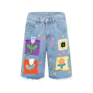 Jeans pour hommes Graffiti Denim Shorts Pathches fleur ambiance Style Baggy Streetwear Cargo pantalon Y2k jean pour hommes Unise 7310