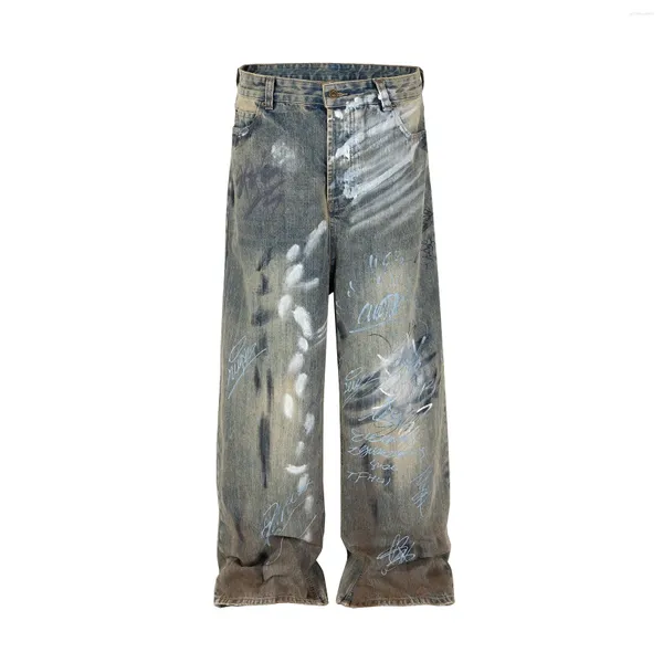 Jeans pour hommes Graffiti dessiné à la main Baggy de lavage endommagé pour hommes et femmes droites Streetwear Y2k Denim Pantalones Hombre Cargos