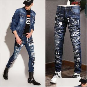 Jeans para hombres Graffiti Print Stretch Denim para hombres Nuevo estilo de moda europeo y americano Cowboy Drop Delivery Apparel Ropa para hombres Dhbln