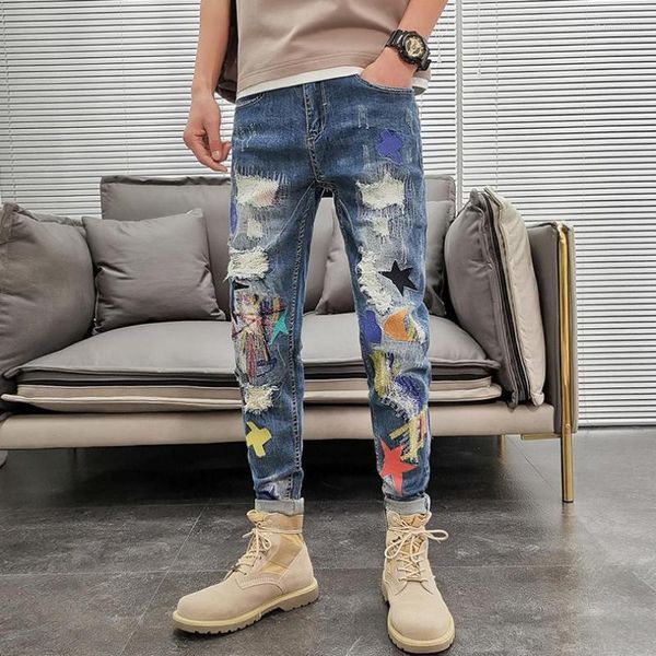 Jeans homme graphique fuselé homme Cowboy pantalon déchiré avec imprimé déchiré coupe ajustée pantalon mode coréenne rétro cassé Harajuku Xs XL