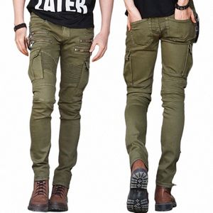 Heren Jeans Groen Denim Biker Jeans Skinny New Runway Distred Slim Elastic Homme Hip Hop Militaire motorfiets Cargobroek P1Fu #