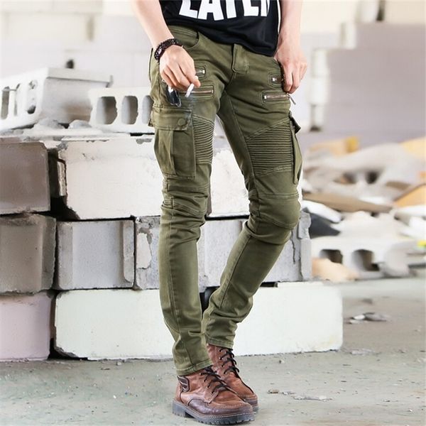 Jeans pour hommes Green Denim Biker Jeans Skinny Runway Distressed Slim Elastic Homme Hip Hop Militaire Moto Cargo Pantalon 220726