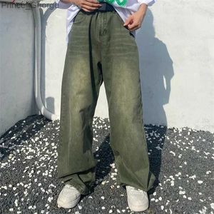 Jeans pour hommes Jeans vert Baggy en détresse Vintage Denim pantalon mâle pantalon à jambes larges hommes Streetwear rétro surdimensionné décontracté Hip HopL2403