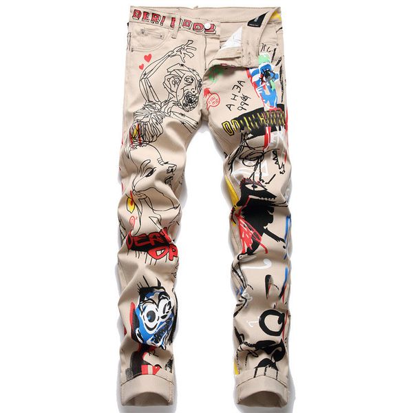 Jeans pour hommes Halloween commerce extérieur Graffiti nouveau kaki imprimé teint jean serré mendiant