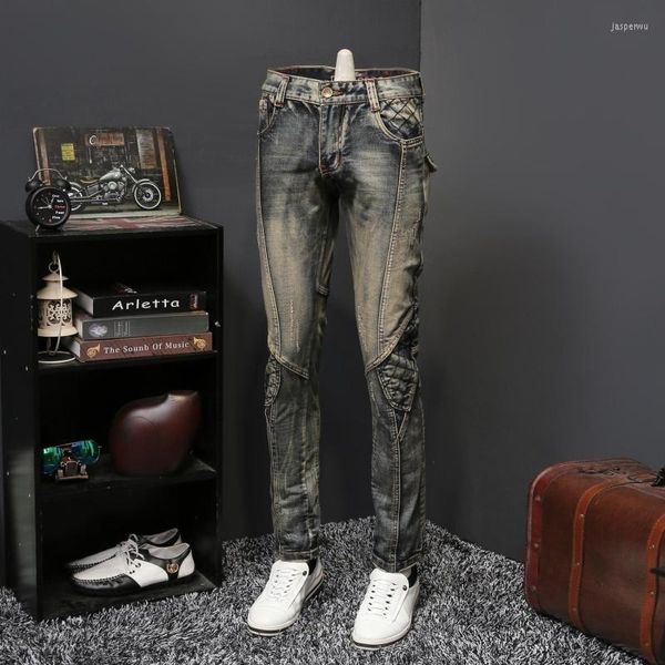 Jeans pour hommes Harajuka Brand Vintage Wash Distressed Mens Denim Pantalon pleine longueur Moto Bike Slim Fit Straight Plus Taille Pantalon