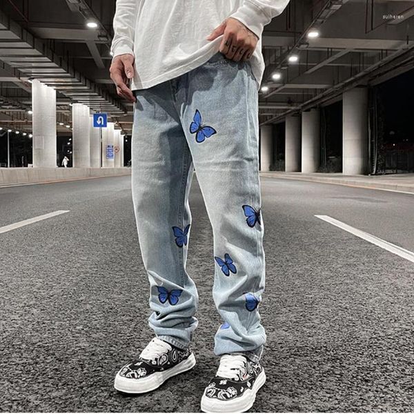 Jeans pour hommes Harajuku papillon imprimé délavé bleu Jenas pantalon pour hommes rétro droit Vibe Style déchiré décontracté Denim pantalon surdimensionné