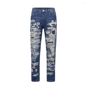 Jeans pour hommes Harajuku coupe trou déchiré patchwork bleu pour hommes droite rétro streetwear pantalon denim décontracté surdimensionné pantalon ample