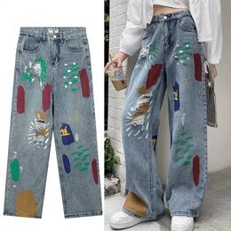 Jeans voor heren Harajuku handgeschilderde graffiti blauwe losse jeans heren oversized straatkostuum rock punk gothic vintage wijde pijpen broek dames Y2K 231118