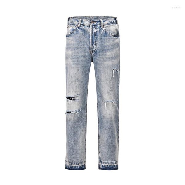 Jeans pour hommes Harajuku trou coupé lavé bleu Baggy droit Streetwear ample décontracté Denim pantalon Y2K surdimensionné Hip Hop Cargos