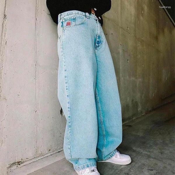 Jeans para hombres Harajuku Hombres Azul Negro Y2K Goth Suelto Recto Hip Hop Streetwear IGH End Bordado Simple Moda Pantalones de pierna ancha Man Baggy Jeans