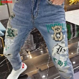 Jeans masculin harajuku mens vêtements de luxe de luxe de style streetwear européen jeans ours imprimé kpop concepteur coréen petit ami Q240427