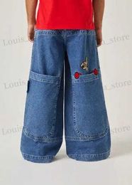 Мужские джинсы Harajuku Индивидуальные большие карманы Бокс с принтом кенгуру Джинсы с широкими штанинами Y2K Хип-хоп Уличная повседневная свободная джинсовая ткань для мужчин и женщин T231016