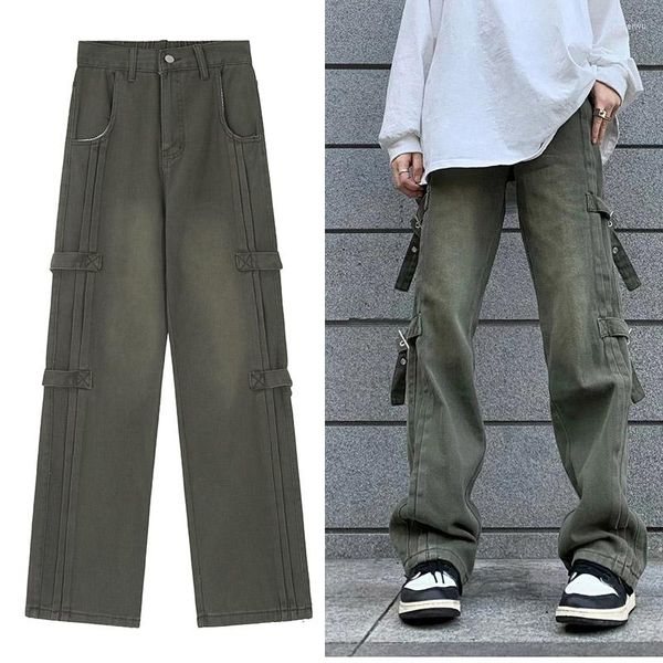 Jeans pour hommes Harajuku rétro noir vert outillage fonctionnel lâche hommes Y2K rue vêtements Goth Punk surdimensionné pantalons décontractés femmes