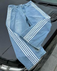 Jeans masculin harajuku simplicité latéral bande de bande tendance marques jeans bleu lavage unisexe jeans sport y2k couple streetwear pantalon denim droit j240527