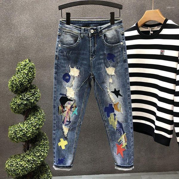 Jeans pour hommes Harajuku printemps et été travail mince vêtements coréens luxe broderie porter salopette hip-hop Streetwear pantalon hommes
