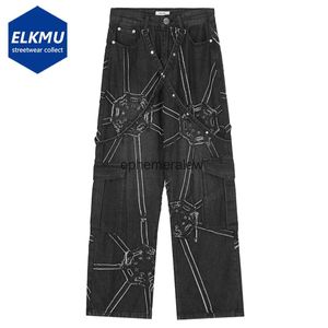 Jeans pour hommes Harajuku Streetwear Jeans Net épissage Baggy Jeans Hip Hop Denim pantalon noir ample décontracté droit Cargo JeansH24222