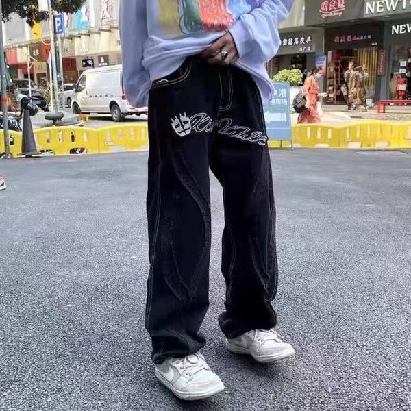 Jeans pour hommes Harajuku rayé Patchwork crâne broderie rétro hommes pantalon surdimensionné droit Vibe Style décontracté Denim pantalon Streetwear