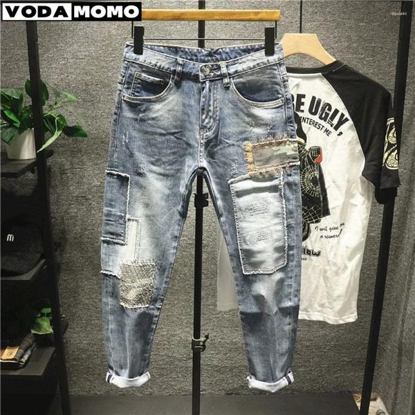 Jeans pour hommes Harajuku Vintage Mode Luxe Style coréen Casual Stretch Slim Fit Denim Hip-Hop Patchwork pour hommes déchirés