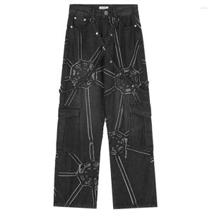 Jeans para hombres Harajuku Vintage Gótico Múltiples bolsillos Negro Pierna ancha Hombres Mujeres Pantalones de mezclilla Hip Hop Streetwear Punk Pantalones Monos