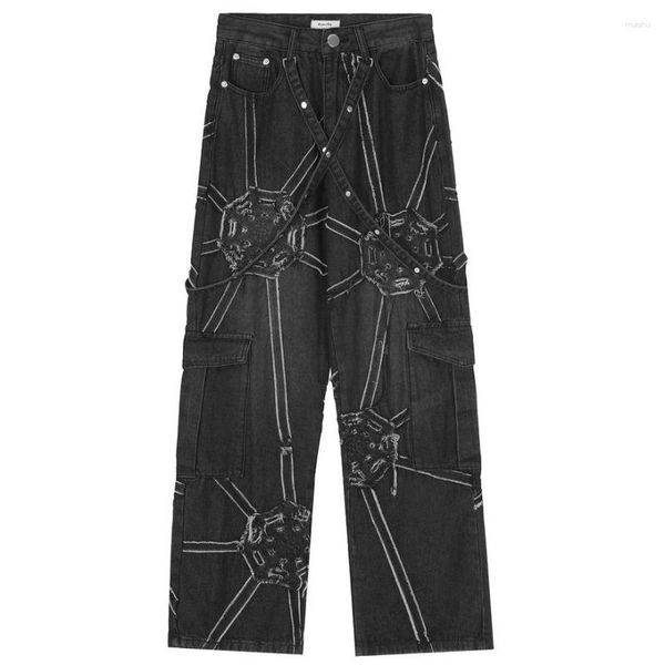 Jeans para hombres Harajuku Vintage Gótico Múltiples bolsillos Negro Pierna ancha Hombres Mujeres Pantalones de mezclilla Hip Hop Streetwear Punk Pantalones Monos