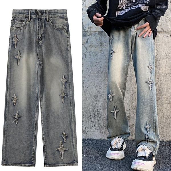 Pantalones vaqueros para hombre Harajuku Vintage rasgados Cruz azul sueltos para hombre 2K Streetwear gótico Punk pantalones de gran tamaño para mujer Bermudas de pierna ancha Grunge