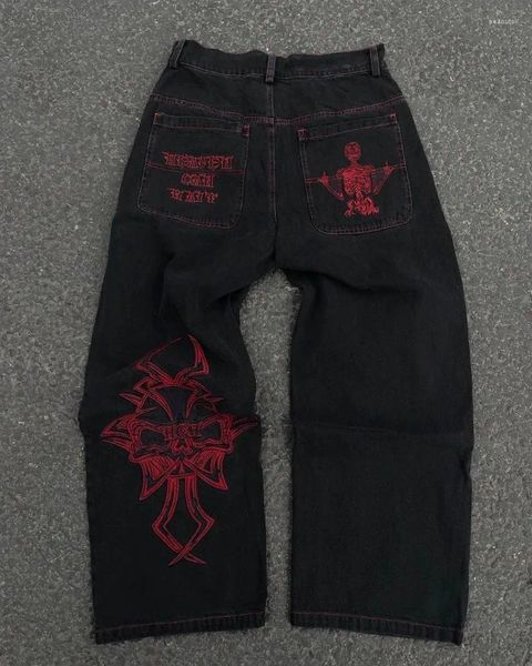 Jeans para hombres Harajuku Y2K Hombres Vintage Goth Skull Bordado Lavado Pierna ancha Streetwear Mujeres Recta Casual Baggy