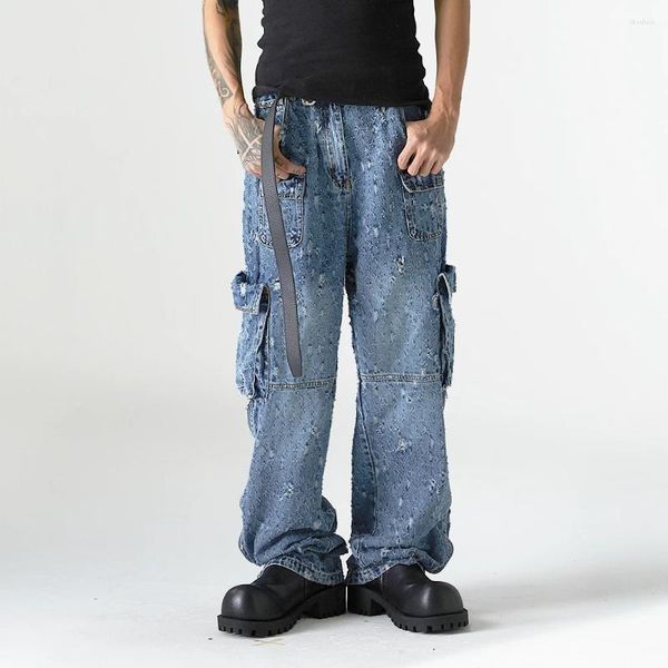 Jeans pour hommes Industrie lourde Do Old Water Broken Hole Salopette Hommes Chine-Mode High Street Design Grande poche Lâche Pantalon à jambes larges
