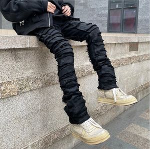 Jeans pour hommes industrie lourde trou effiloché Destruction ciré hommes High Street rétro droit déchiré pantalon crayon surdimensionné Denim pantalon 230918