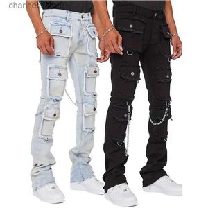 Jeans pour hommes Industrie lourde Muti-Pockets Baggy Jeans Hommes Slim Fit Extensible Y2k Pantalon Cargo Mâles High Street Denim Vêtements T240227