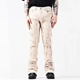 Jeans pour hommes poids lourd couleur unie pantalon empilé extensible ourlet ouvert patché mâle évasé