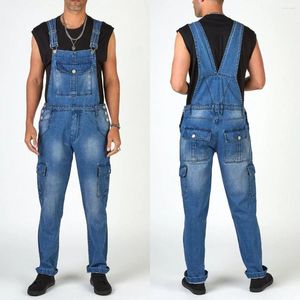 Jeans pour hommes poids lourd Vintage combinaisons bleues poches latérales épissées pantalon de travail à bretelles lavé