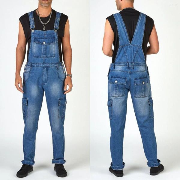 Pantalones vaqueros para hombre, monos azules vintage pesados, bolsillos laterales empalmados, pantalones de trabajo con tirantes lavados