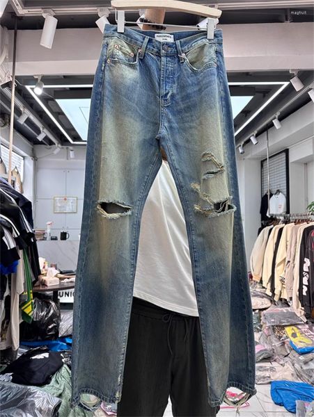 Jeans para hombres Peso pesado lavado Hombres viejos Mujeres de alta calidad Borlas gastadas y pantalones perforados Pierna recta relajada suelta