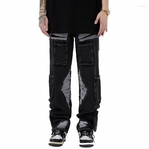 Jeans pour hommes Hi Street Cargo détruit avec trous Mode Streetwear Pantalon en denim déchiré Coupe ample Pantalon en détresse
