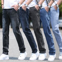 Heren jeans high -end merk mannen reguliere rechte herfstbedrijf losse elastische denim broek klassieke mode anti diefstal zip broek 220923