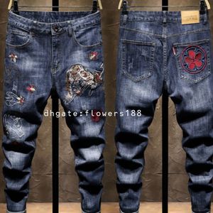 Heren jeans high-end geborduurde jeans heren trendy slanke fit potloodbroek rekbare persoonlijkheid blauw geborduurde Chinese stijl denim broek