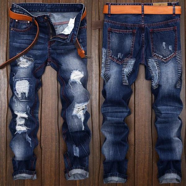 Pantalones vaqueros para hombre Diseño arruinado con agujeros de gama alta Tallas grandes Todo fósforo Hombres europeos Pantalones de mezclilla Tendencia Recta Marca informal