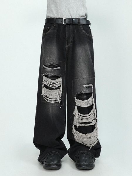 Jeans pour hommes Pantalons en denim perforé haut de gamme pour le sens du design Petite et ample jambe droite Hiphop